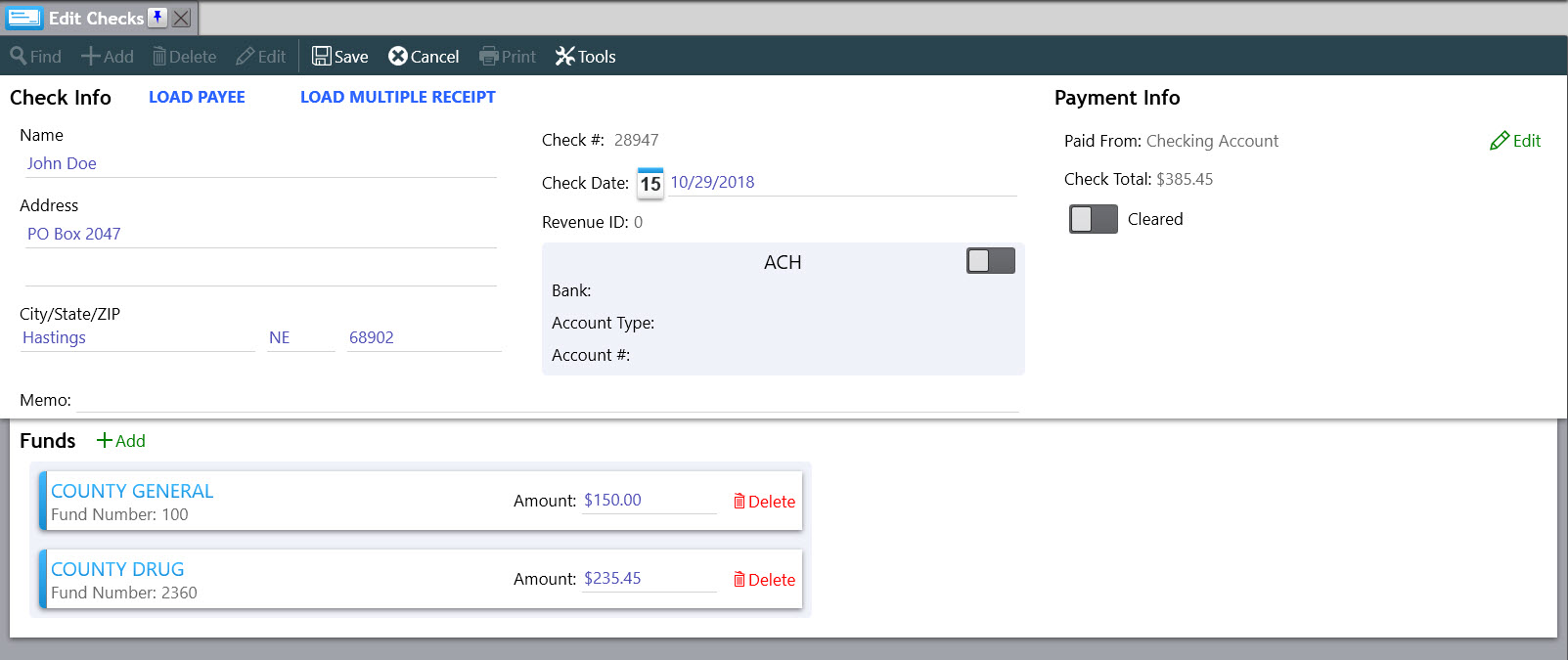 The Edit Checks screen editing a new check paid out from funds