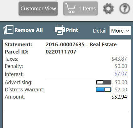 The shopping cart with one payment collecting a distress warrant fee