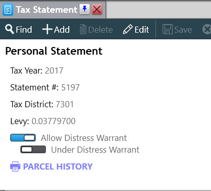 The Tax Statement Screen showing the Allow Distress Warrant and Under Distress Warrant options