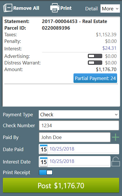 The shopping cart showing a payment marked as being paid by partial payment