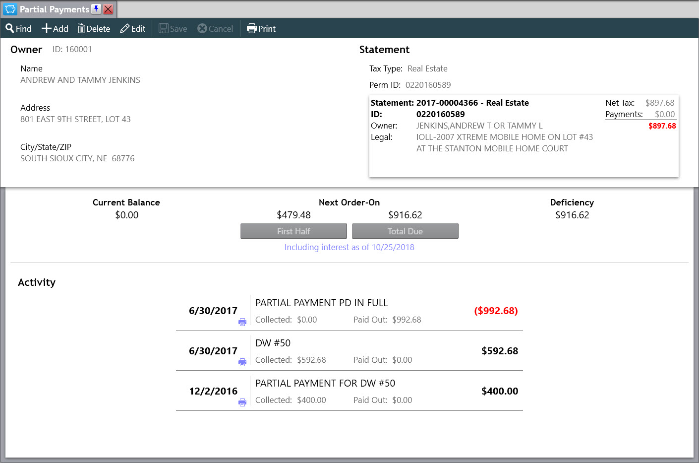 The Partial Payments Screen