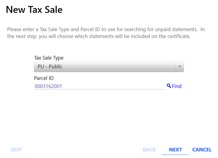 Tax Sale Wizard Parcel Step