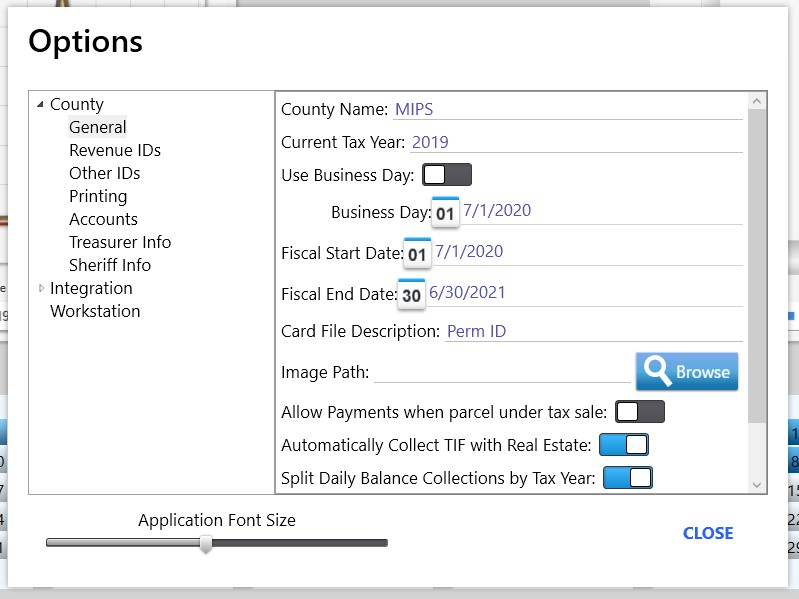 The Options screen showing the Fiscal Start and Fiscal End dates