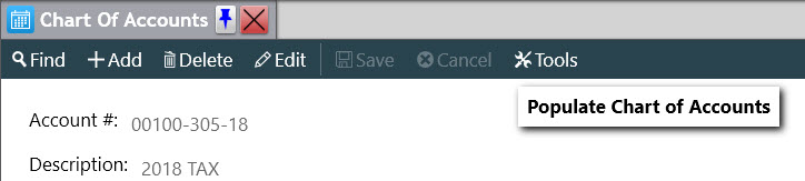The Tools menu of the Chart of Accounts screen