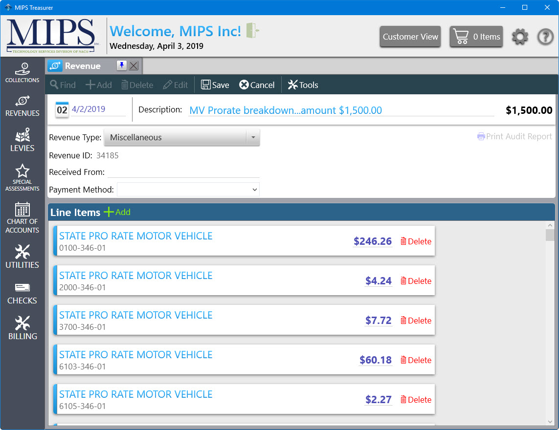 Revenue screen with a sample prorate breakdown